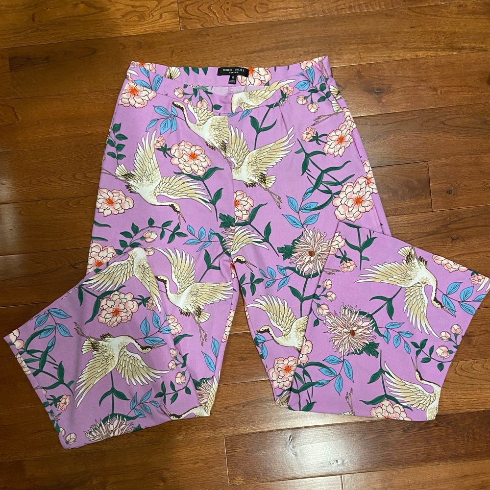 Romeo & Juliet COUTURE Lilac Purple Cranes Wide Leg Pants VINTAGE